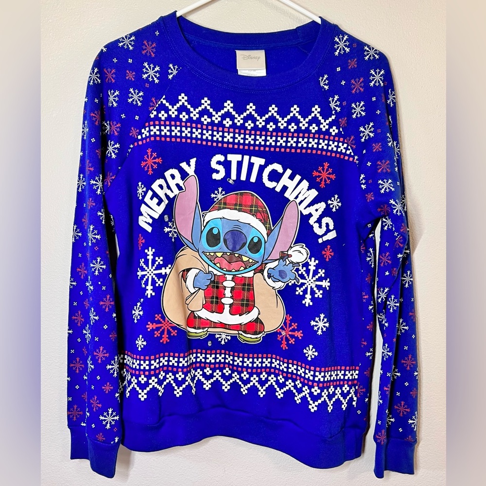 Disney Stitch Merry Stitchmas Ugly Christmas Sweater Womens M Blue